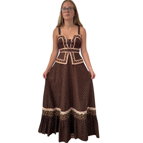 Gunne Sax 70's rare brown pink prairie maxi lace corset sundress cottagecore XS - Picture 7 of 17